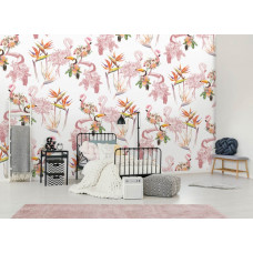 Een speels fotobehang met tropische vogels en bloemen, ideaal voor een kinderkamer.