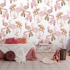 Een kleurrijk vliesbehang met flamingo's en exotische bloemen, geschikt voor een slaapkamer.