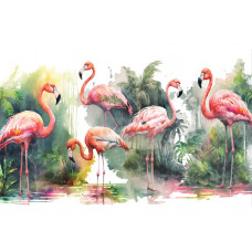 Flamingo’s in een tropische jungle komen tot leven op dit fotobehang, met kleurrijke planten en een exotische sfeer.