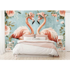 Fotobehang Flamingo's en Rozen