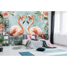 Fotobehang Flamingo's en Rozen