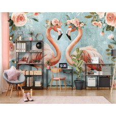 Fotobehang Flamingo's en Rozen