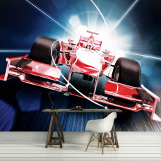 Een fotobehang met een rode Formule 1 auto voor de kinderkamer.