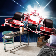 Een fotobehang met een rode Formule 1 auto voor de slaapkamer.