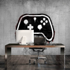 Een kleurrijk gaming-fotobehang met controllers en graffiti-elementen, perfect voor een kantoor of gamekamer.