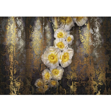 Dit fotobehang met gouden klaprozen bloemen voegt luxe en elegantie toe aan een kamer met een abstract bloemenontwerp.