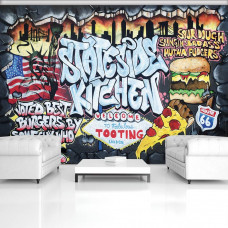 Een fotobehang van graffiti-hamburgers voor een woonkamer of keuken.