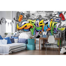 Een fotobehang met graffiti-tekening op een muur voor de slaapkamer.