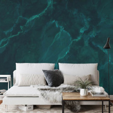 Een fotobehang met groen marmer in turquoise tinten en een natuurstenen look in een eetkamer.