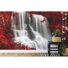 Een herfstig fotobehang met een waterval en natuurlijke bosrijke omgeving, perfect voor een keuken.