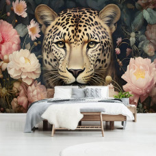 Fotobehang Jaguar met Bloemen