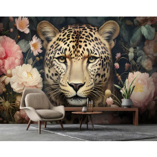 Fotobehang Jaguar met Bloemen