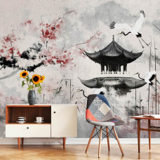 Een stijlvolle bedrijfsruimte met een fotobehang met sierlijke reigers, een Japans huis en een kersenbloesem in een kunstzinnige stijl.