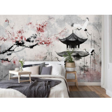 Een woonkamer met een fotobehang met sierlijke reigers, een Japans huis en een kersenbloesem in een kunstzinnige stijl in de slaapkamer.