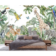 Een stijlvolle slaapkamer met een fotobehang van dieren zoals een olifant, giraffe, zebra, leeuw, papegaai, ringstaartmaki en een toekan in de jungle.