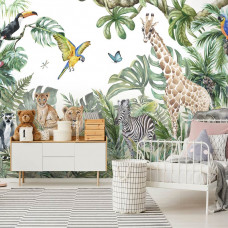 Een speelkamer met een fotobehang van dieren zoals een olifant, giraffe, zebra, leeuw, papegaai, ringstaartmaki en een toekan in de jungle.