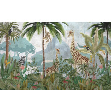 Fotobehang van een paradijs met tropische jungle dieren, exotische planten en levendige kleuren, voor een avontuurlijke sfeer.