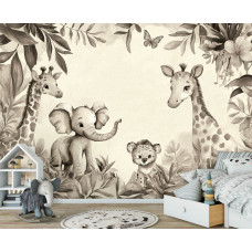 Fotobehang in een jongenskamer met stoere jungle dieren in een natuurlijke taupe kleurstelling en zachte jungle-elementen.