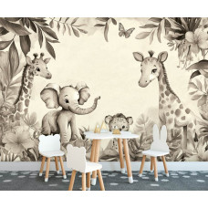 Fotobehang in een kinderkamer met jungle dieren zoals een olifant, giraffen en een welpje in een rustgevend ontwerp met taupe kleuren.