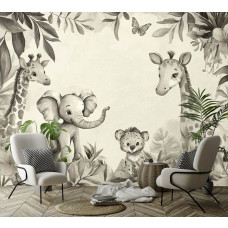 Fotobehang in een meisjeskamer met lieve jungle dieren zoals een olifant en giraffen, in een warm en stijlvol kleurenpalet van zand en taupe.