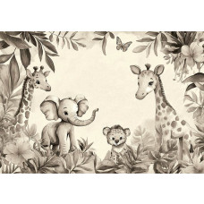 Fotobehang met een olifant, giraffen en een welpje tussen tropische bladeren en bloemen in zachte taupe- en zandtinten.