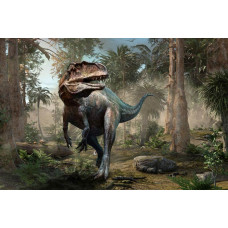 Een dino die door de jungle en het regenwoud beweegt, omringd door dichte vegetatie, weergegeven op dit fotobehang.