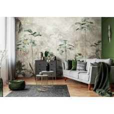 Fotobehang van prachtige jungle planten voor een betonnen muur in een woonkamer.