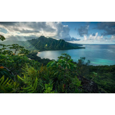 Fotobehang van Jurassic Island met een indrukwekkend uitzicht op bergen en weelderige natuur, ideaal voor avontuurlijke kamers.