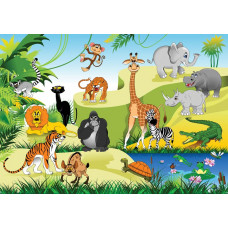 Kinderjungle met Afrikaanse dieren afgebeeld op een fotobehang voor kinderkamers en babykamers.