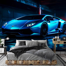 Een fotobehang van een Lamborghini Aventador neon auto in een jongenskamer in een slaapkamer.