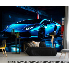 Een fotobehang van een Lamborghini Aventador neon auto in een slaapkamer.