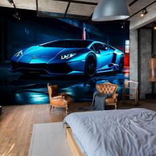 Een fotobehang van een Lamborghini Aventador neon auto in een slaapkamer op vliesbehang.