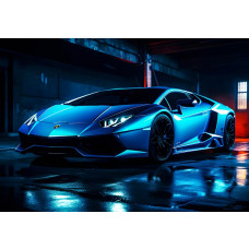 Neon Lamborghini Aventador afgebeeld in een futuristische raceomgeving, weergegeven op dit energieke fotobehang.