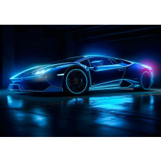 Neon Lamborghini Huracan auto afgebeeld in een futuristische raceomgeving, op dit stoere fotobehang.