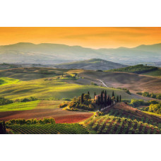 Fotobehang van een Toscaans landschap in Italië, waar wijngaarden en bergen het serene uitzicht domineren.