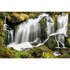 Fotobehang van een majestueuze waterval die door een bos en bergen stroomt, omringd door een weelderig natuurlandschap.