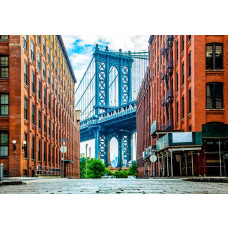 Fotobehang van de Manhattan Bridge tussen gebouwen, met een stedelijk uitzicht op Washington Street in Brooklyn.