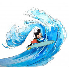 Mickey Mouse Surfing fotobehang met Mickey Mouse die over een gigantische golf surft, omringd door zon, zee en plezier.