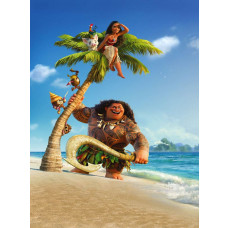 Moana en Maui van Disney's Vaiana op een avontuurlijke reis over de oceaan, met Vaiana op een kano en Maui met zijn magische haak.