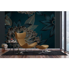 Een fotobehang van een modern luxe design met chrysanten en bladeren in een woonkamer.