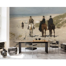 Een luxe kantoor met een fotobehang met een schilderij van Anton Mauve, Morgenrit langs het Strand, waarop ruiters te paard richting het strand rijden.