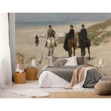 Een slaapkamer met een fotobehang met een schilderij van Anton Mauve, Morgenrit langs het Strand, waarop ruiters te paard richting het strand rijden.