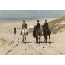 Fotobehang met een schilderij van Anton Mauve, Morgenrit langs het Strand, waarop ruiters te paard richting het strand rijden.