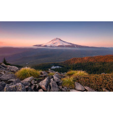 Mount Hood Oregon berg vulkaan fotobehang, met een majestueus uitzicht over de vulkaan.