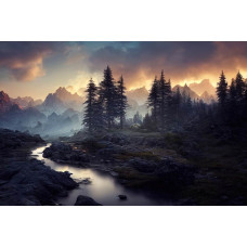 Mysterieus fotobehang van een landschap met een rivier die door bergen en bossen slingert.