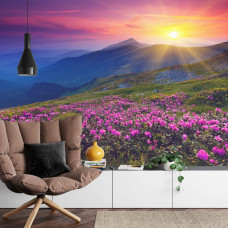 Een fotobehang met een serene zonsondergang in een berglandschap vol natuurlijke pracht, perfect voor een huiskamer.