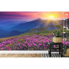 Een fotobehang met een romantisch landschap van een zonsondergang tussen bergen en bloemen, geschikt voor een keuken.