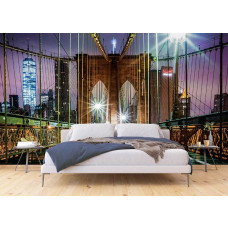 Fotobehang met de Brooklyn Bridge in New York in de avond in een slaapkamer.