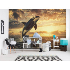 Een babykamer met een fotobehang van een orka die uit zee springt bij een zonsondergang.