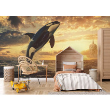 Een orka die uit zee springt bij een zonsondergang op fotobehang in een kinderkamer van een meisje.